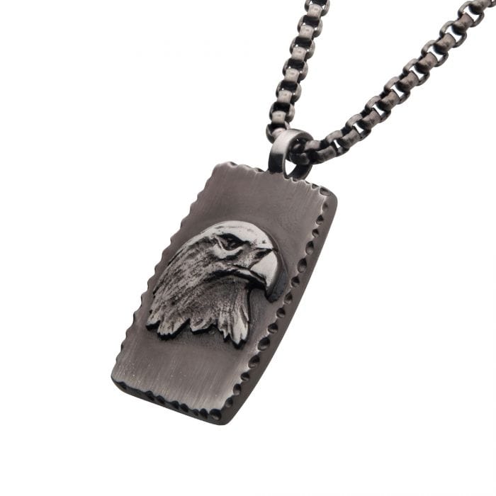 INOX JEWELRY Pendants Gunmetal Stainless Steel Eagle Inlay Dog Tag Pendant with Round Box Chain SSP22685NK