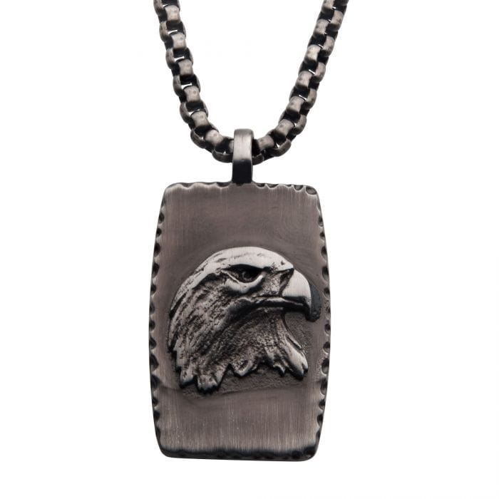 INOX JEWELRY Pendants Gunmetal Stainless Steel Eagle Inlay Dog Tag Pendant with Round Box Chain SSP22685NK