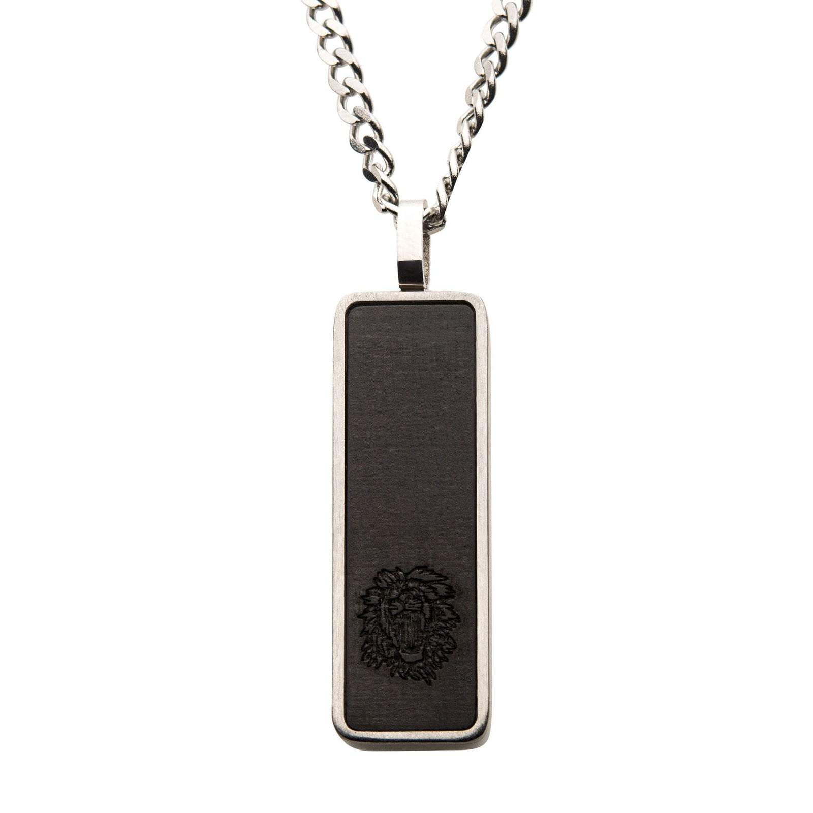 INOX JEWELRY Pendants Silver Tone Stainless Steel Black Carbon Fiber Tag Pendant with Chain SSP13383NK