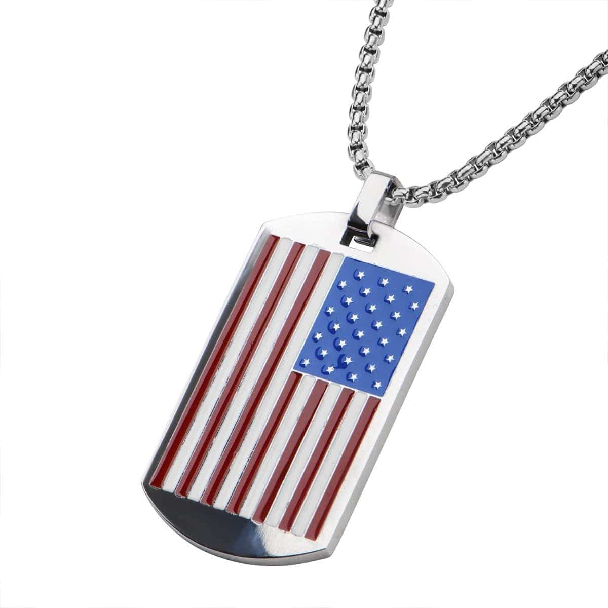 INOX JEWELRY Pendants Silver Tone Stainless Steel Enameled American Flag ID Tag Pendant SSP1030ANK