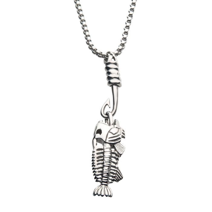 INOX JEWELRY Pendants Silver Tone Stainless Steel Fishbone Pendant with Hook on Box Chain SSPWT019NK