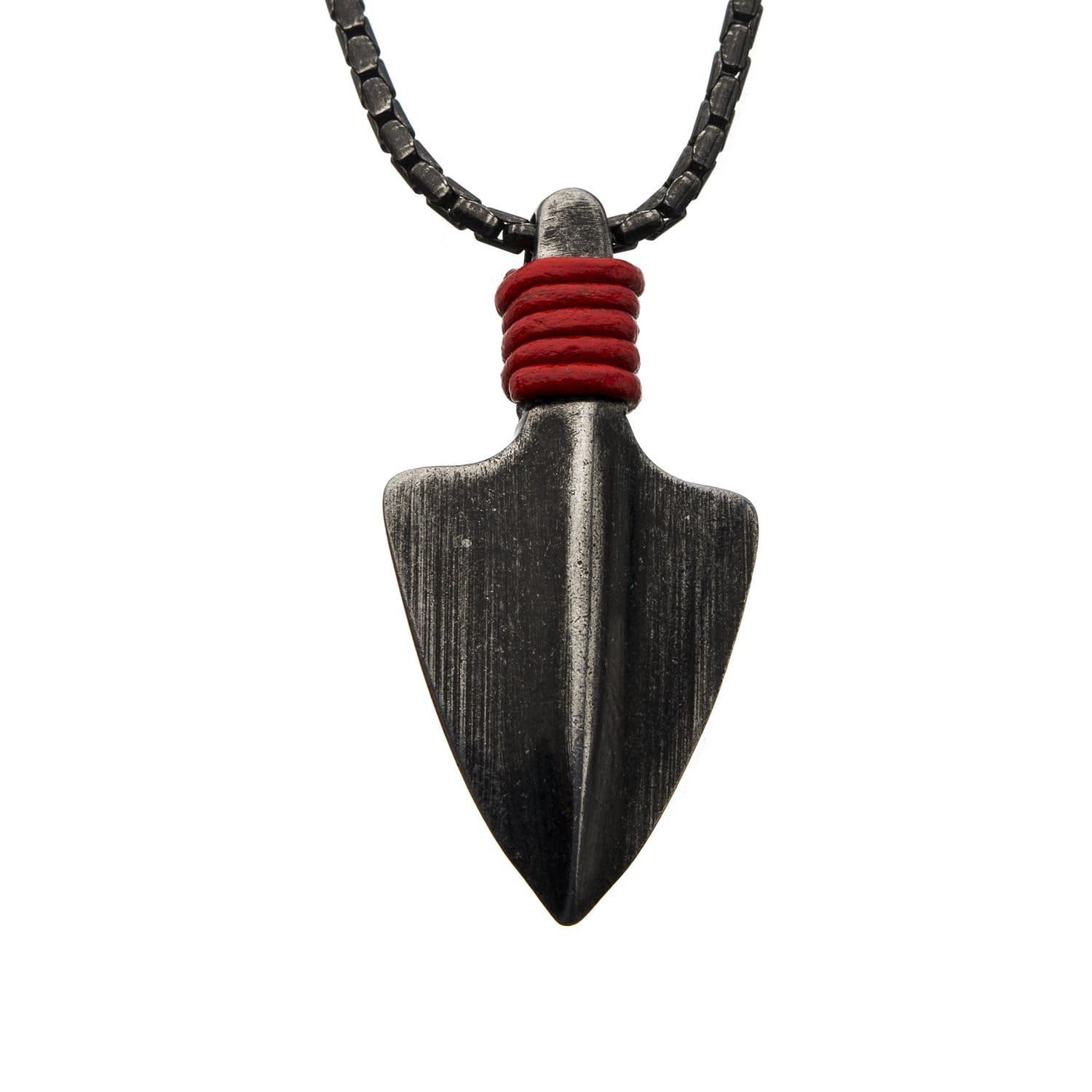 INOX JEWELRY Pendants Stainless Steel Oxidized Finish Gunmetal Silver Tone with Red Leather Cord Arrowhead Pendant SSPN008ASNK1