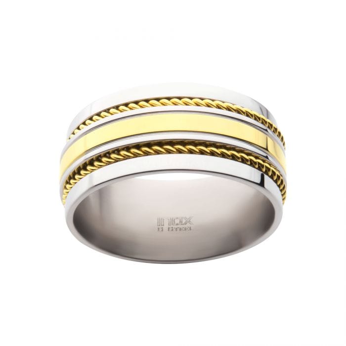 INOX JEWELRY Rings 18K Golden Tone Ion Plated Stainless Steel Double Rope Inlay Comfort Fit Two-tone Ring