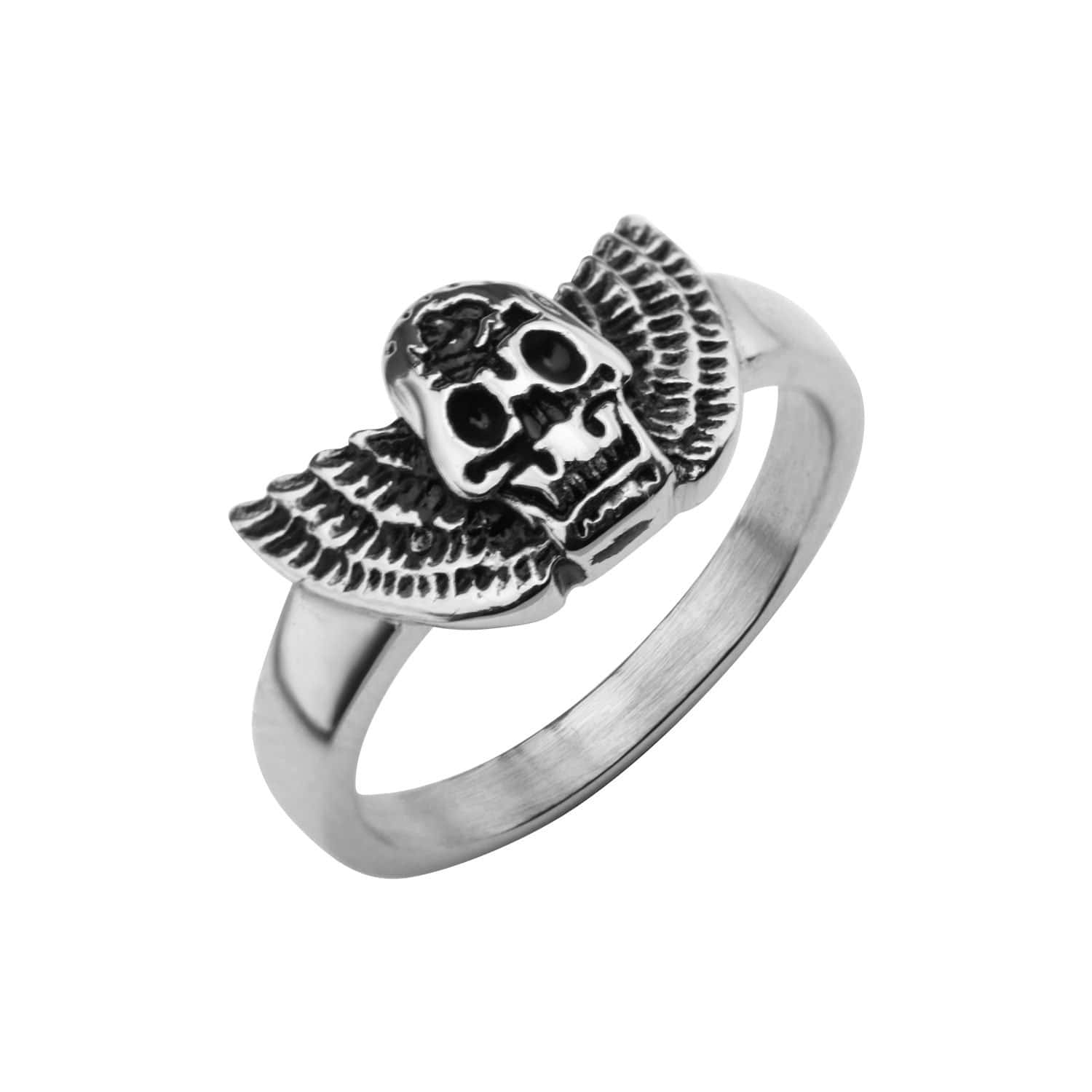 INOX JEWELRY Rings Antiqued Silver Tone Stainless Skull with Wings Ring