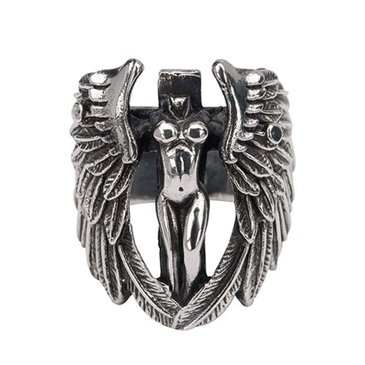 INOX JEWELRY Rings Antiqued Silver Tone Stainless Steel Angel with Cut Out Wings Ring