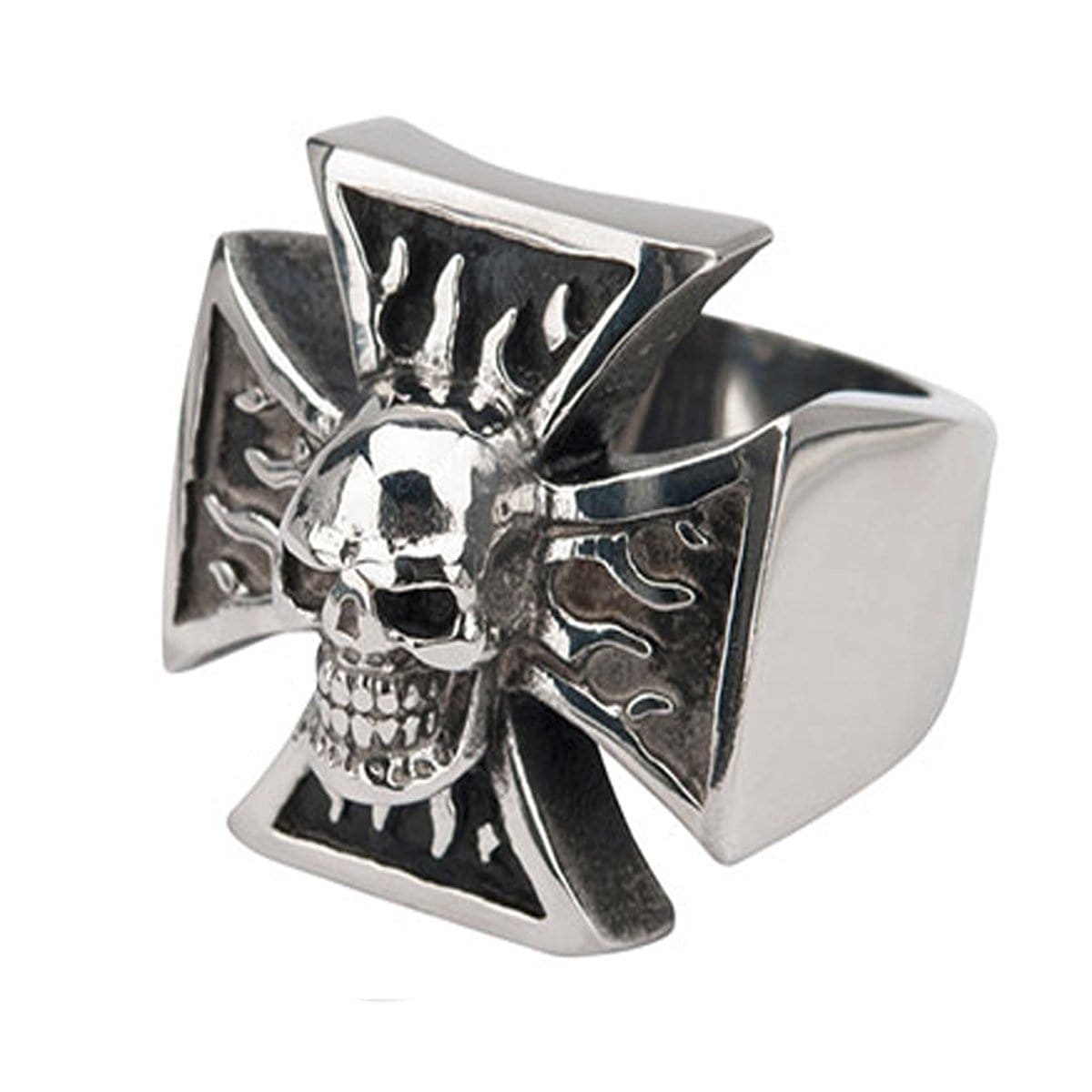 INOX JEWELRY Rings Antiqued Silver Tone Stainless Steel Biker's Cross Skull Ring