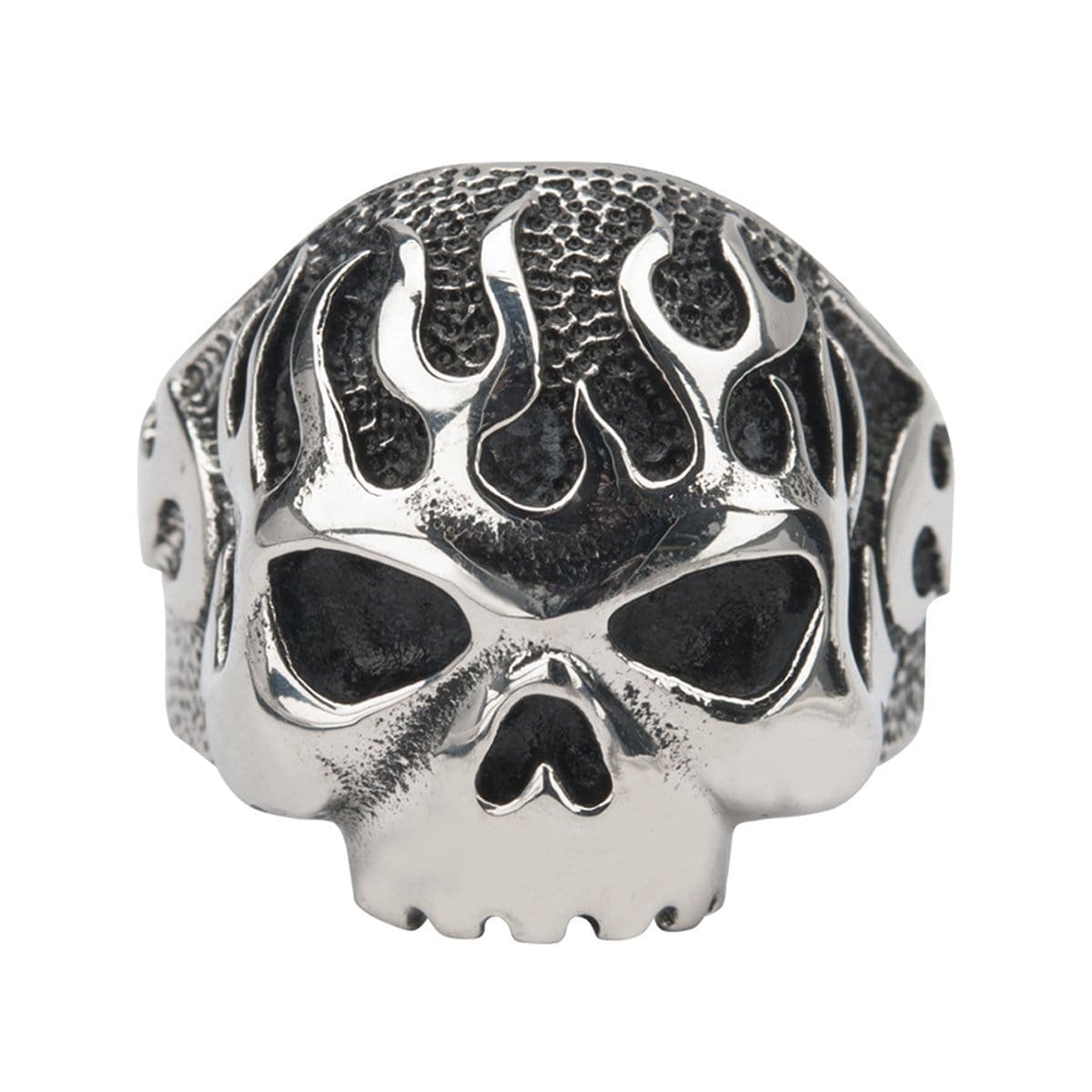 INOX JEWELRY Rings Antiqued Silver Tone Stainless Steel Flaming Skull Ring