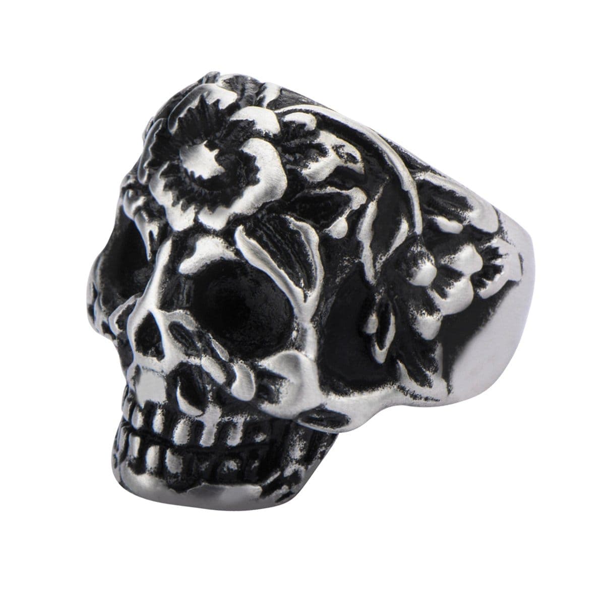 INOX JEWELRY Rings Antiqued Silver Tone Stainless Steel Flower Head Skull Ring
