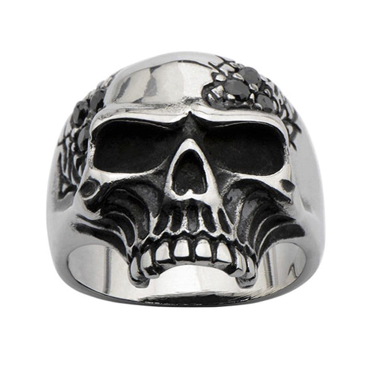INOX JEWELRY Rings Antiqued Silver Tone Stainless Steel Half Skull with Black CZ Ring