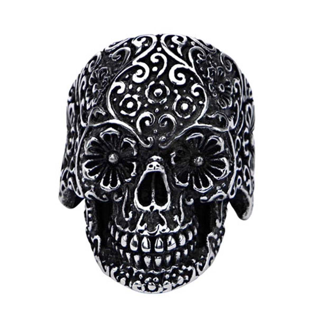 INOX JEWELRY Rings Antiqued Silver Tone Stainless Steel Hallowed Skull Floral Design Ring