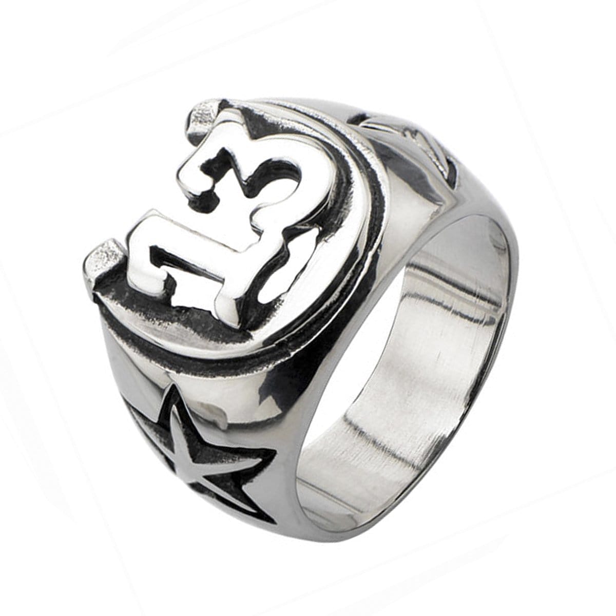 INOX JEWELRY Rings Antiqued Silver Tone Stainless Steel Lucky 13 Horseshoe Ring