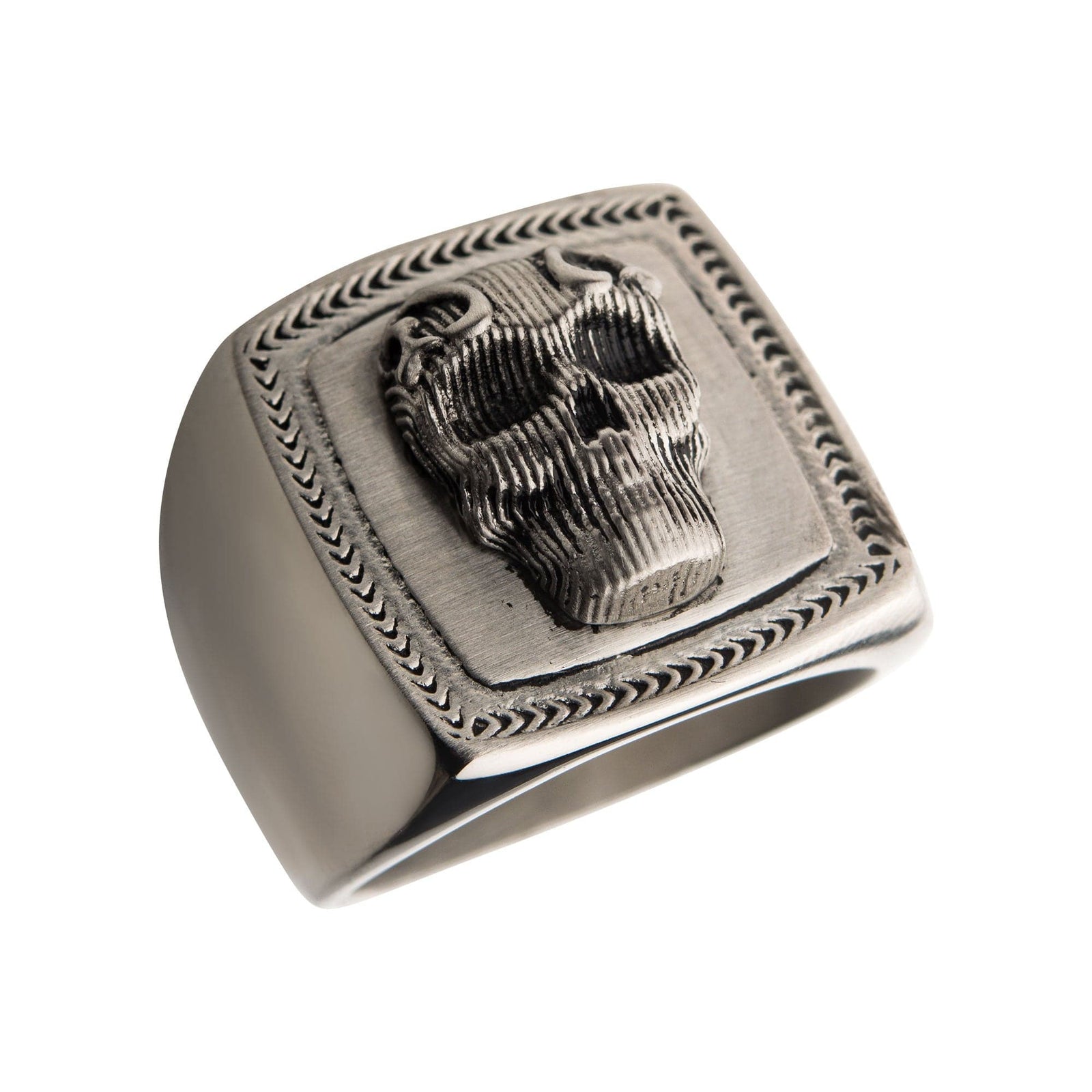INOX JEWELRY Rings Antiqued Silver Tone Stainless Steel Oxidized Matte Finish 3D Skull Ring