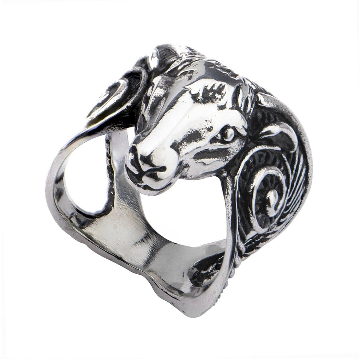 INOX JEWELRY Rings Antiqued Silver Tone Stainless Steel Ram Head Ring