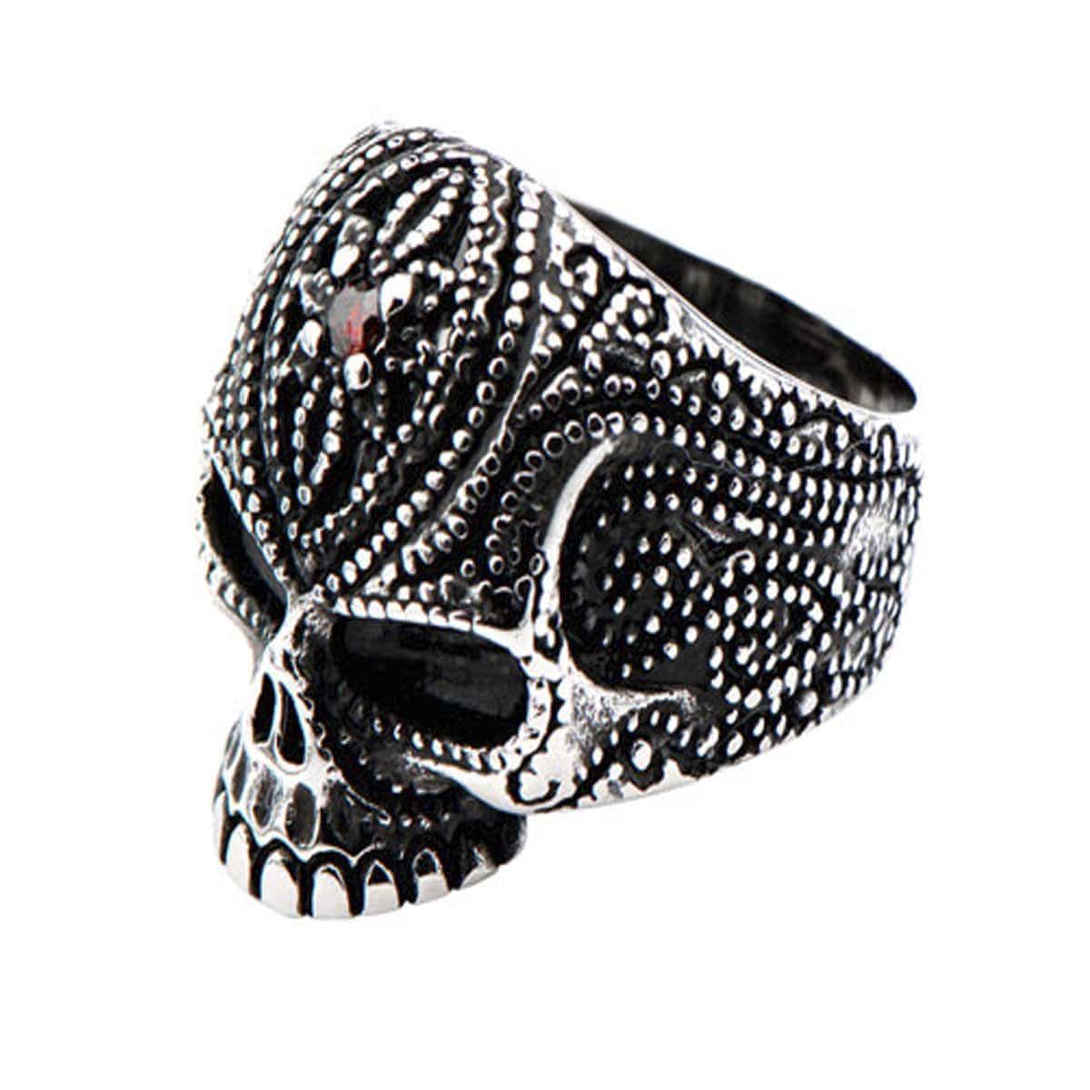 INOX JEWELRY Rings Antiqued Silver Tone Stainless Steel Red Crystal Skull Ring