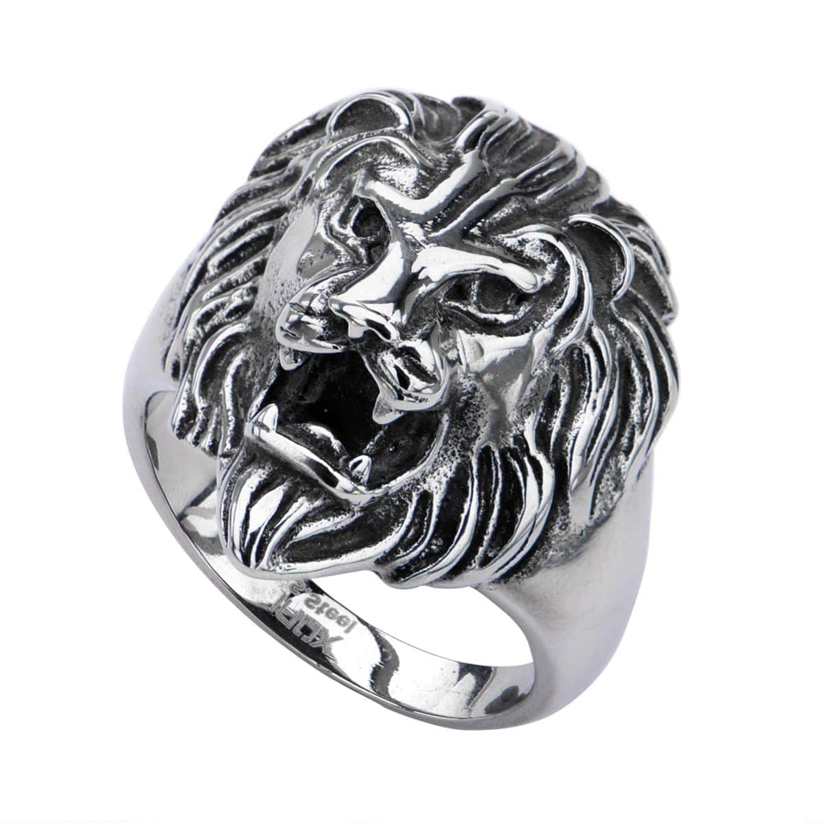 INOX JEWELRY Rings Antiqued Silver Tone Stainless Steel Roaring Lion Ring