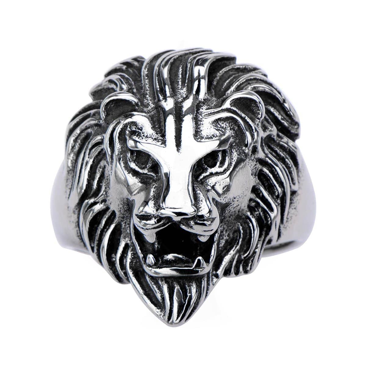 INOX JEWELRY Rings Antiqued Silver Tone Stainless Steel Roaring Lion Ring