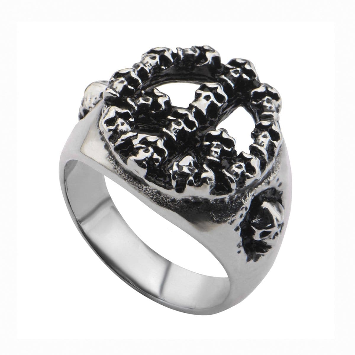 INOX JEWELRY Rings Antiqued Silver Tone Stainless Steel Stacked Skull Peace Ring