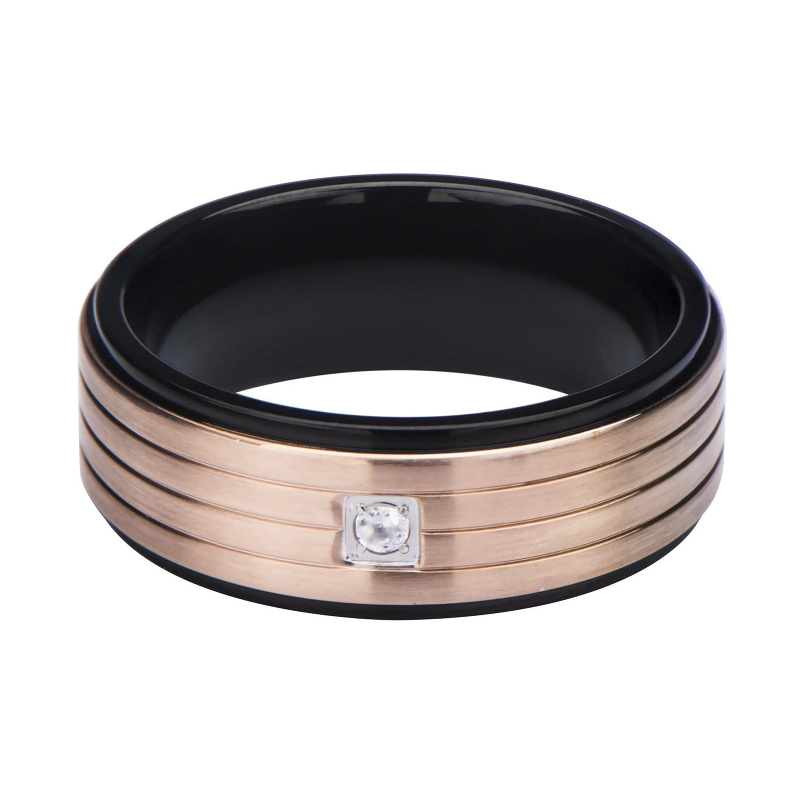 INOX JEWELRY Rings Black and Rose Stainless Steel Triple Lined with CZ Band Ring