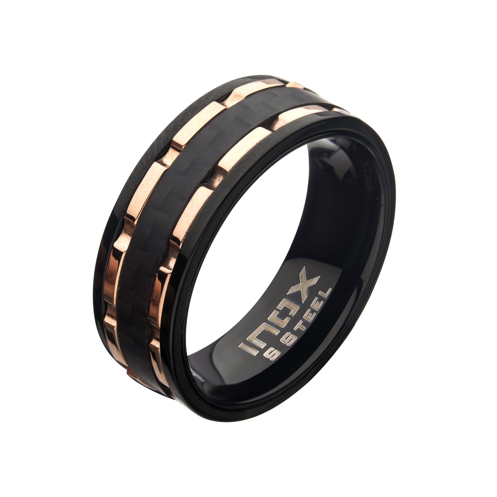 INOX JEWELRY Rings Black and Rose Tone Stainless Steel Carbon Fiber Inlaid Hammered Band Ring