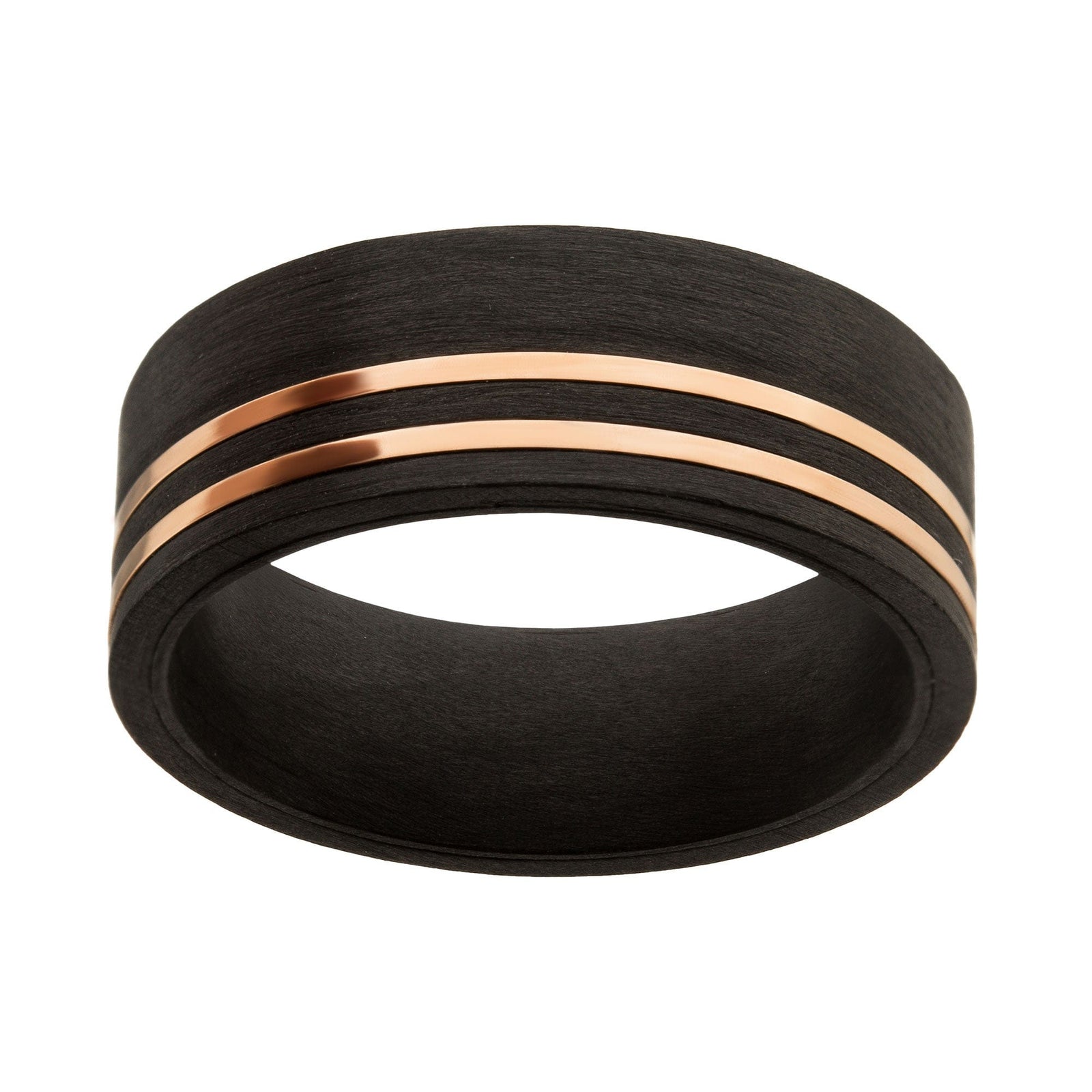 INOX JEWELRY Rings Black and Rose Tone Stainless Steel Solid Carbon Fiber Inlaid Thin Lines Band Ring