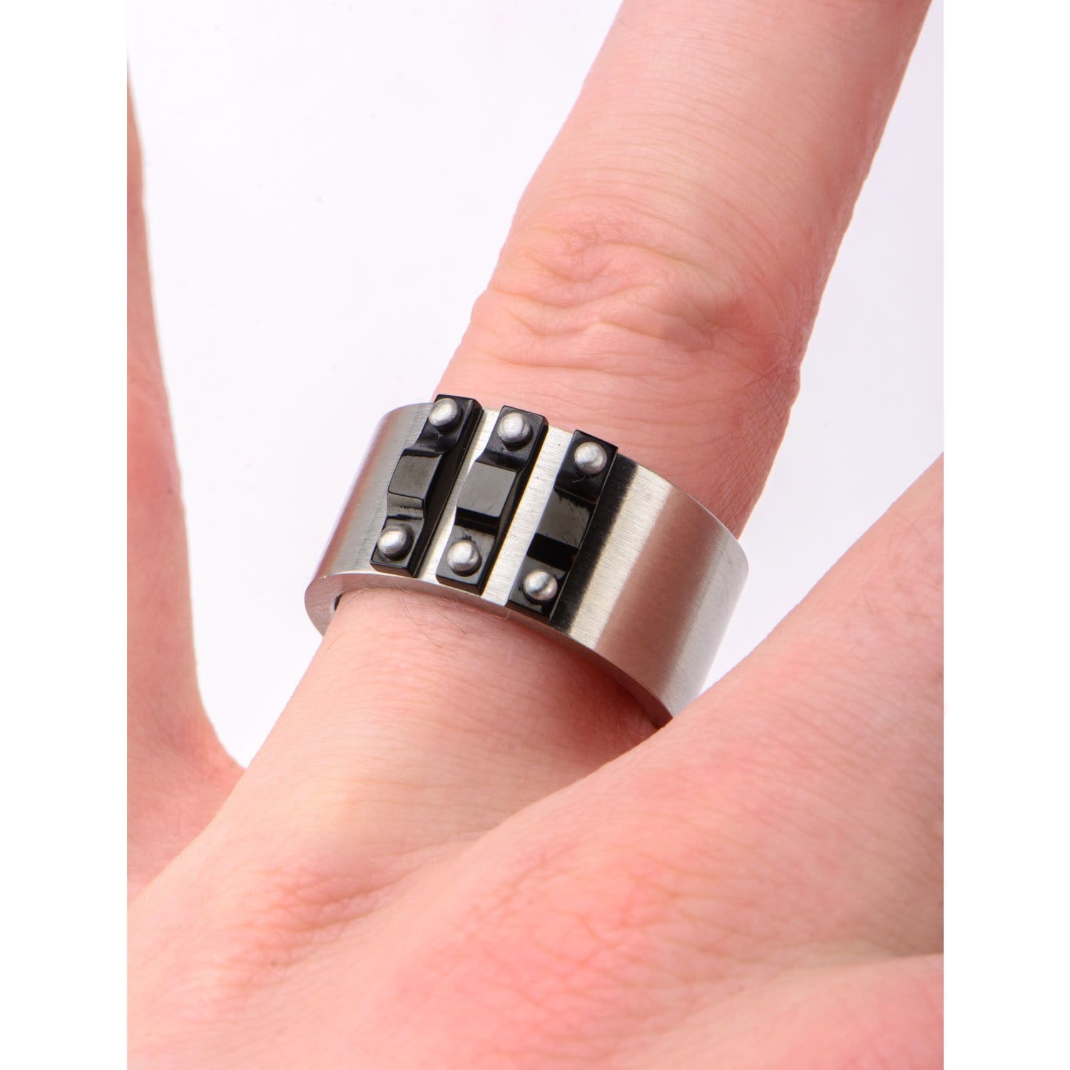 INOX JEWELRY Rings Black and Silver Tone Stainless Steel Bolted Ridge Band