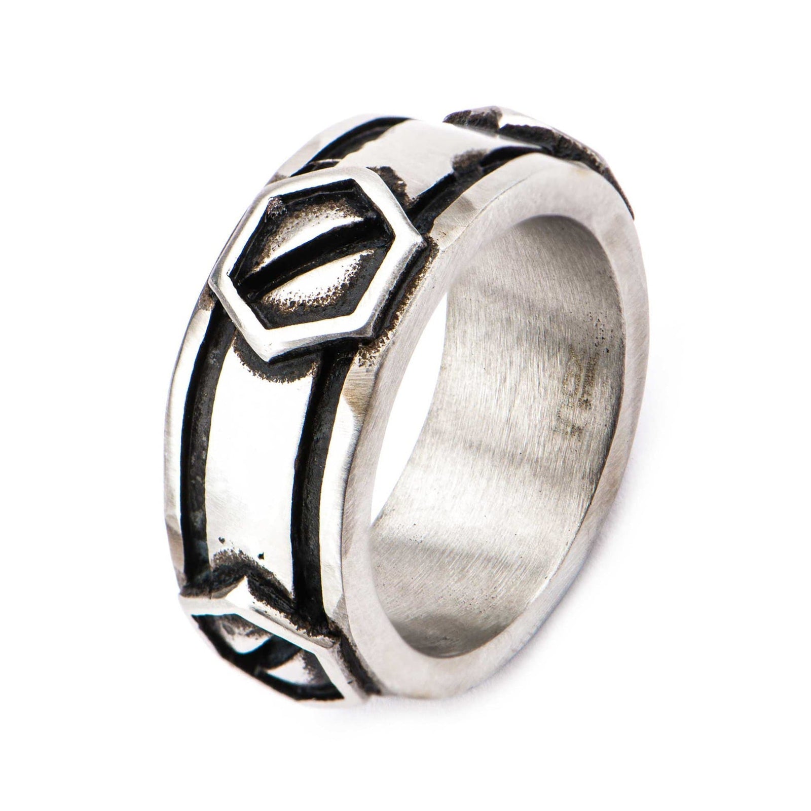 INOX JEWELRY Rings Black and Silver Tone Stainless Steel Brushed Gunmetal Screw Ring