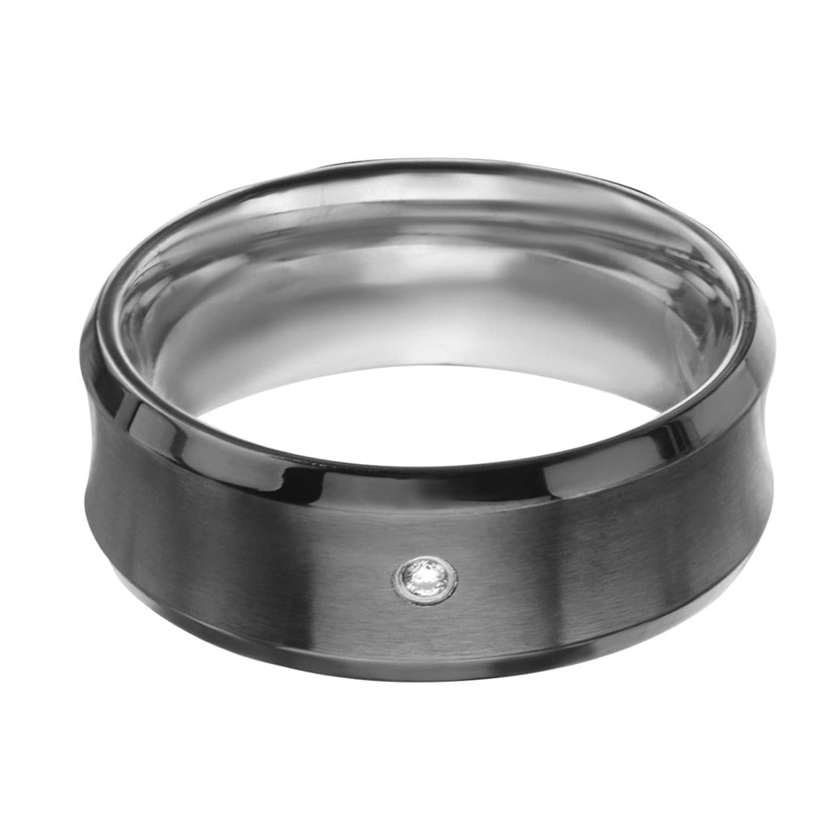 INOX JEWELRY Rings Black and Silver Tone Stainless Steel Brushed White CZ Ring