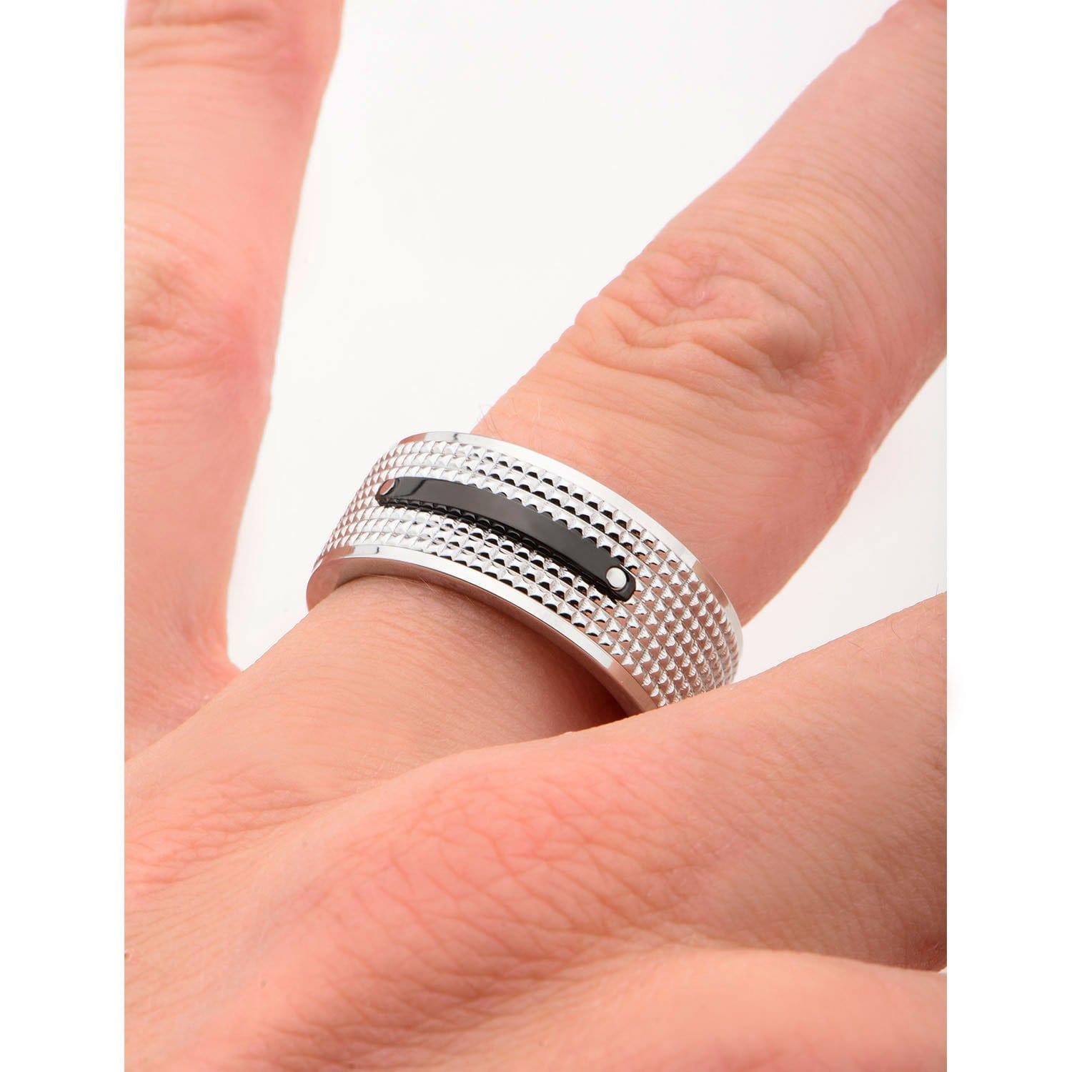 INOX JEWELRY Rings Black and Silver Tone Stainless Steel Checkered Band Ring