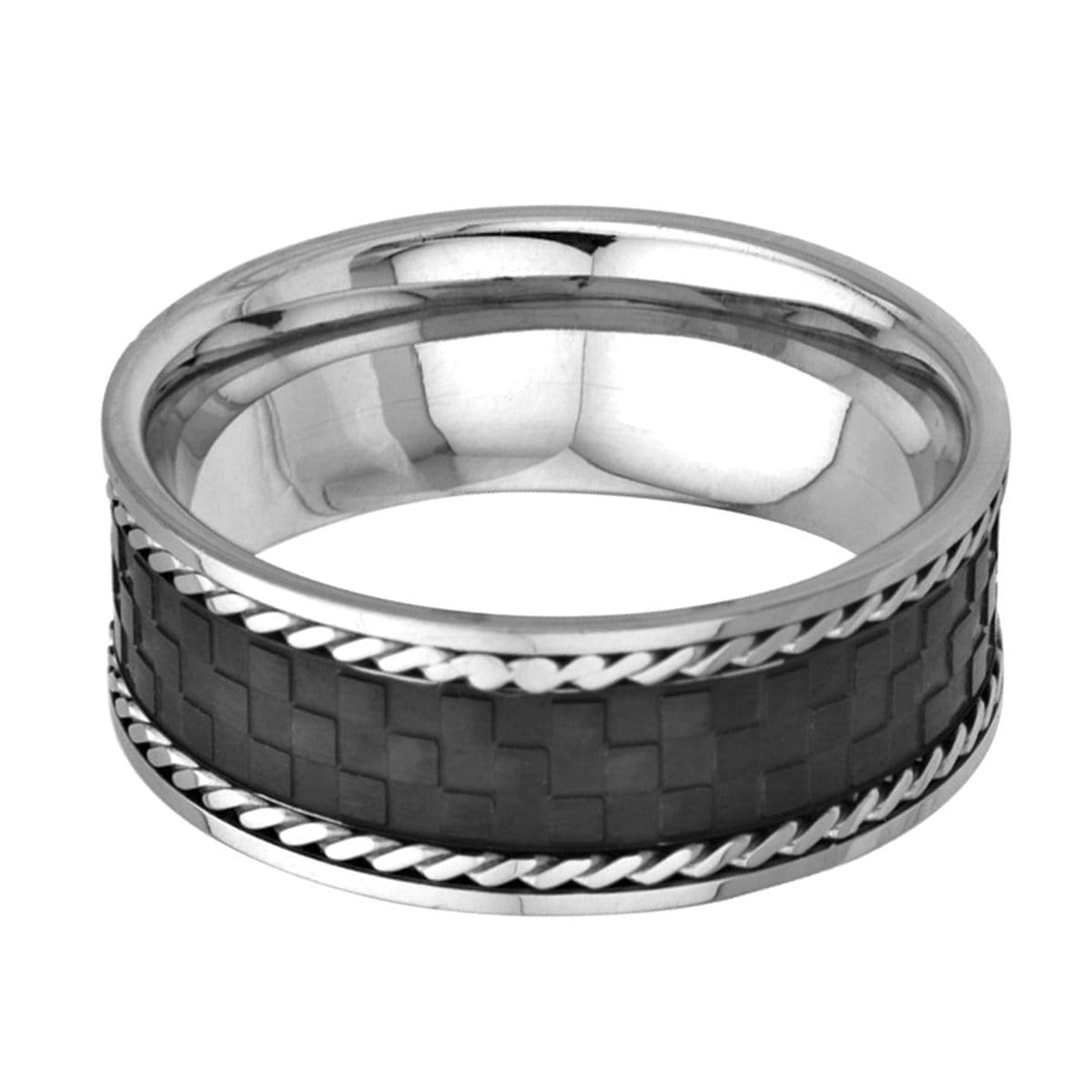 INOX JEWELRY Rings Black and Silver Tone Stainless Steel Checkered Ring with Braided Border