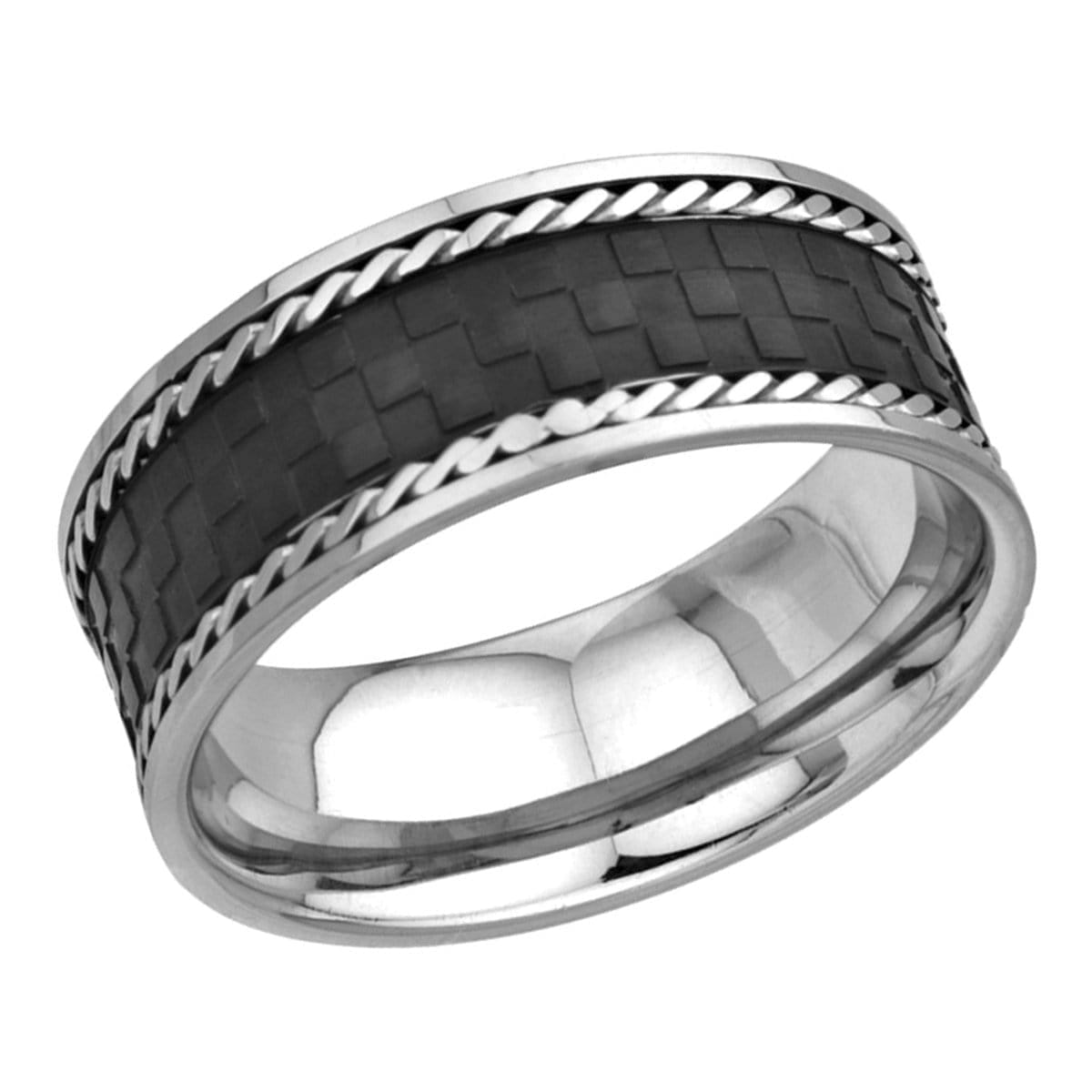 INOX JEWELRY Rings Black and Silver Tone Stainless Steel Checkered Ring with Braided Border