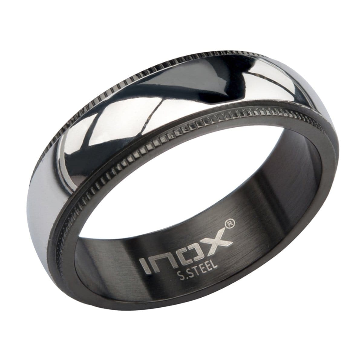 INOX JEWELRY Rings Black and Silver Tone Stainless Steel Fancy Border Glossy Band
