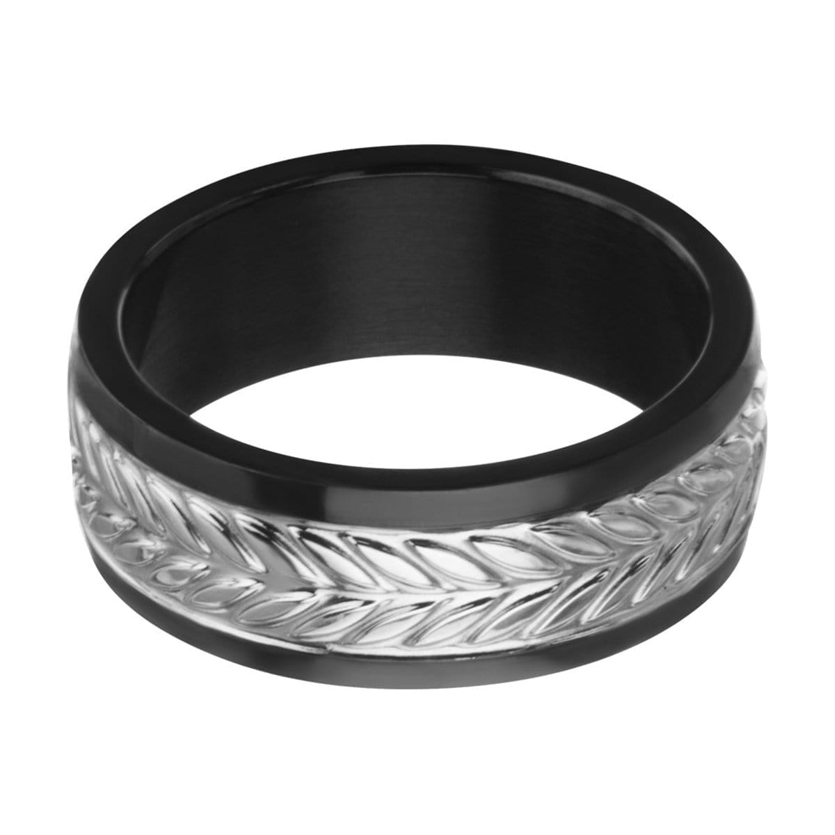 INOX JEWELRY Rings Black and Silver Tone Stainless Steel Leaf Patterned Band