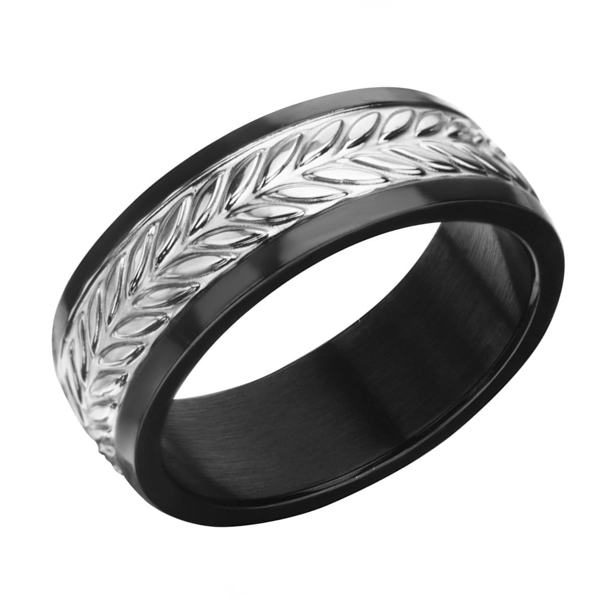 INOX JEWELRY Rings Black and Silver Tone Stainless Steel Leaf Patterned Band