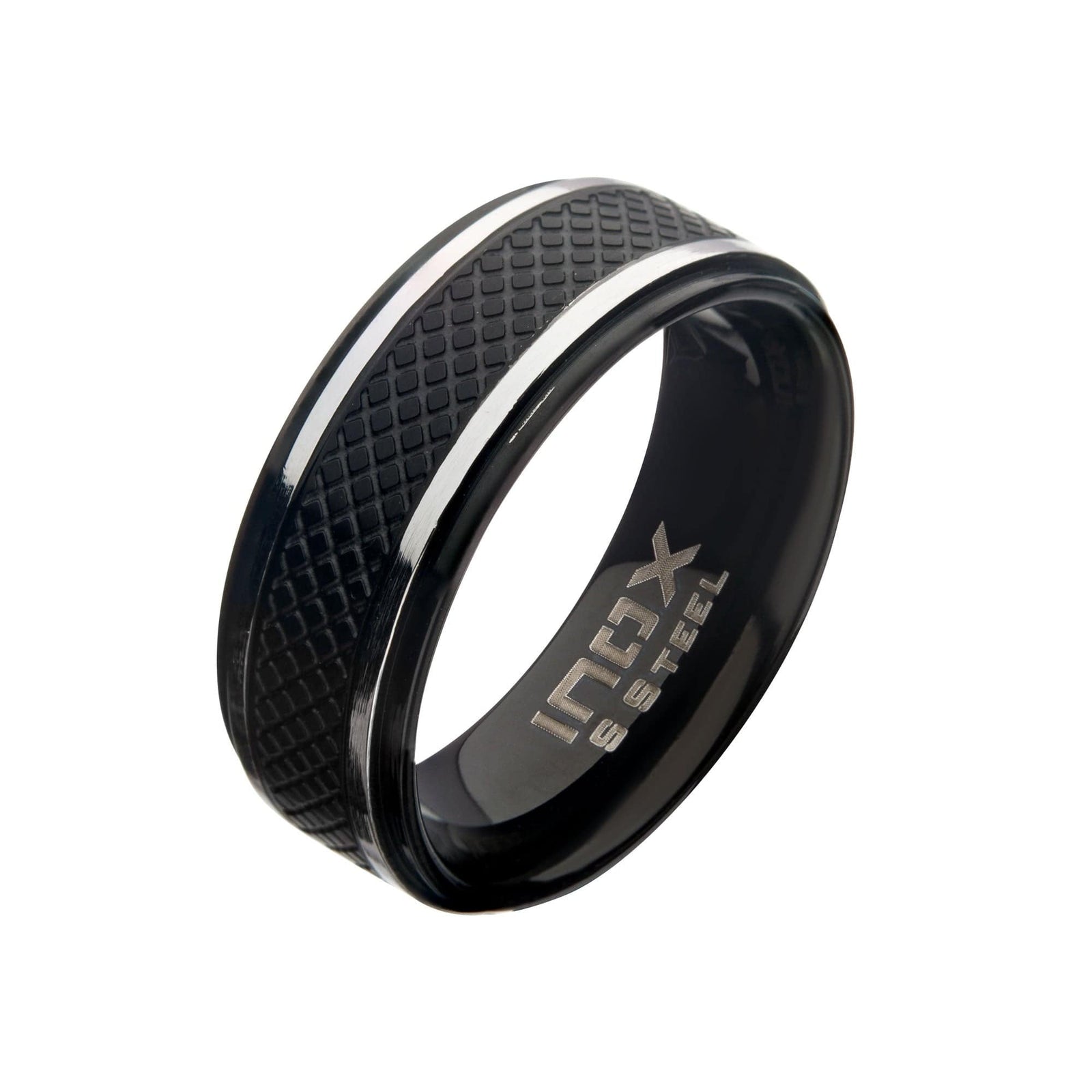 INOX JEWELRY Rings Black and Silver Tone Stainless Steel Matte Finish Quilt Pattern Band Ring