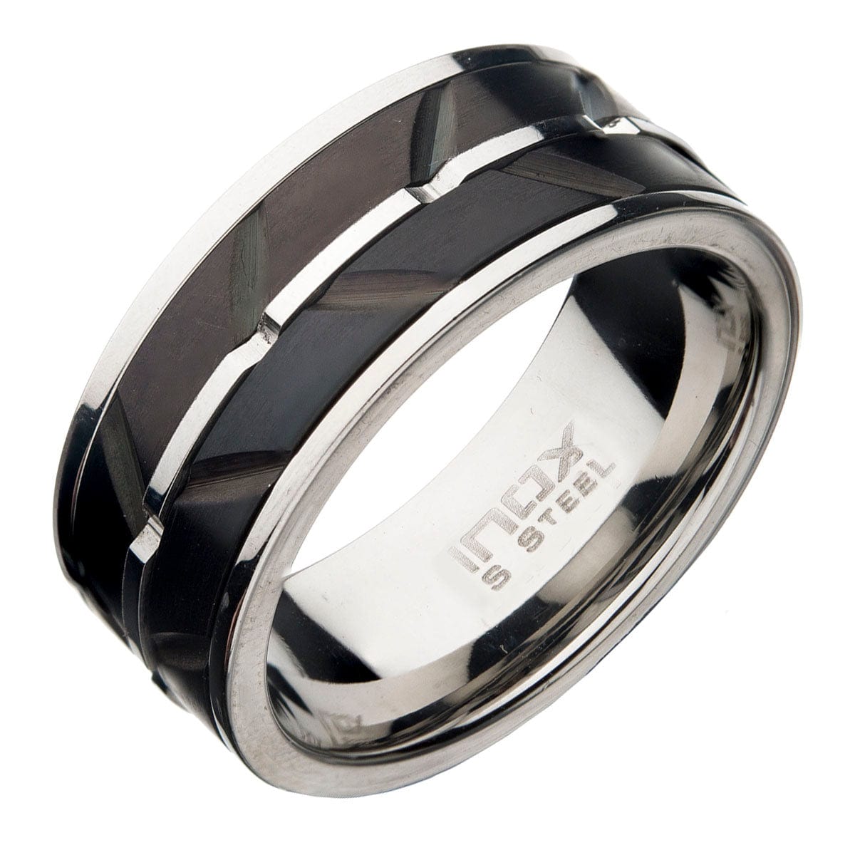 INOX JEWELRY Rings Black and Silver Tone Stainless Steel Matte Finish Raised Wave Accent Inlaid Band Ring