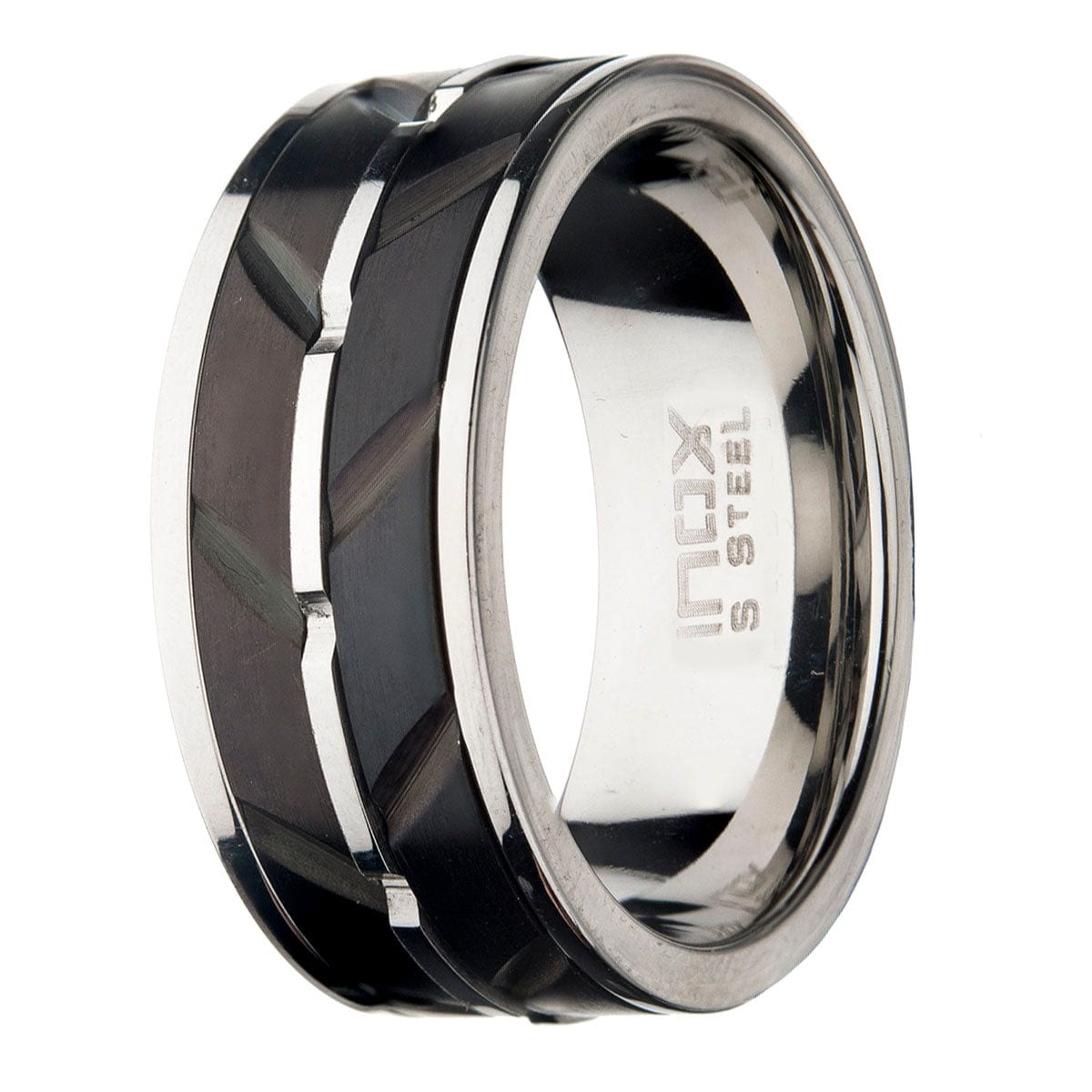 INOX JEWELRY Rings Black and Silver Tone Stainless Steel Matte Finish Raised Wave Accent Inlaid Band Ring