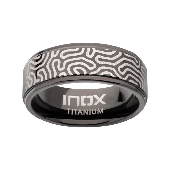 INOX JEWELRY Rings Black and Silver Tone Titanium Brain Coral Pattern Comfort Fit Ring