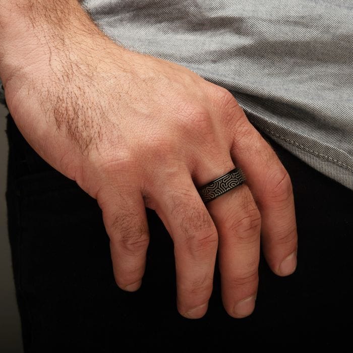 INOX JEWELRY Rings Black and Silver Tone Titanium Brain Coral Pattern Comfort Fit Ring