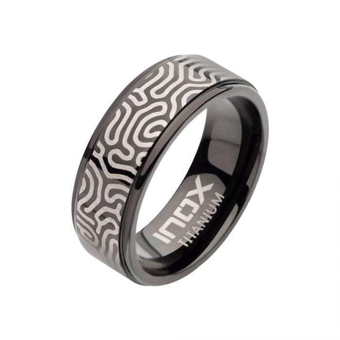 INOX JEWELRY Rings Black and Silver Tone Titanium Brain Coral Pattern Comfort Fit Ring