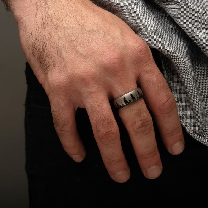 INOX JEWELRY Rings Black and Silver Tone Titanium Evergreen Forest Treeline Design Comfort Fit Ring