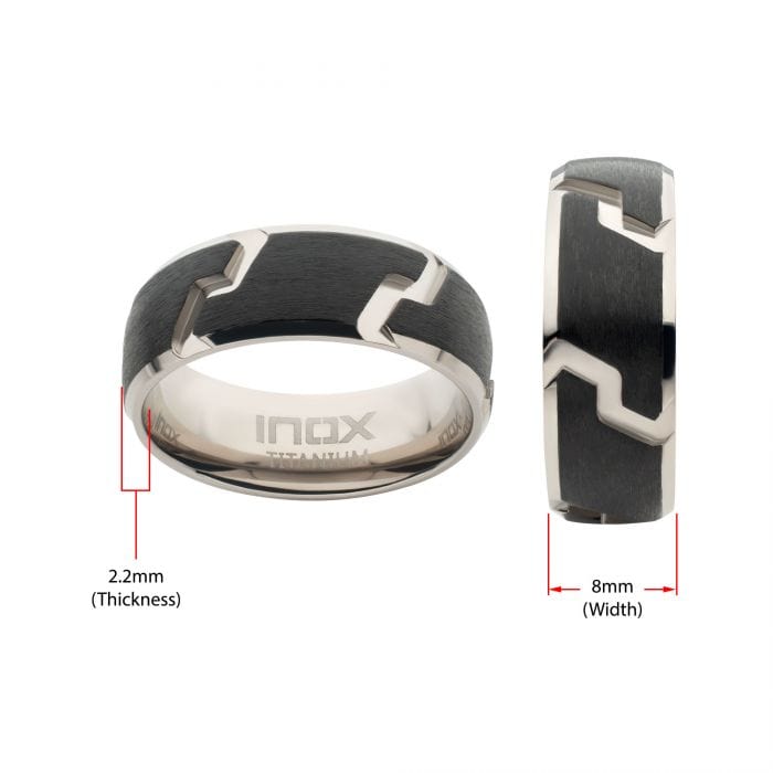 INOX JEWELRY Rings Black and Silver Tone Titanium Tread Pattern Band Ring