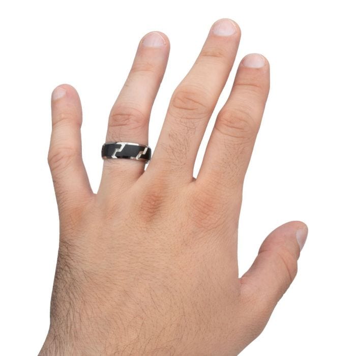 INOX JEWELRY Rings Black and Silver Tone Titanium Tread Pattern Band Ring