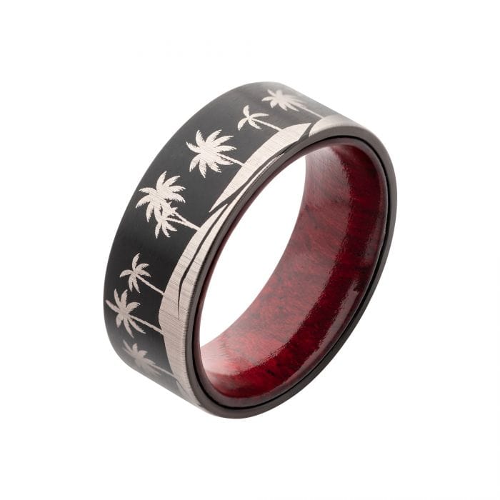 INOX JEWELRY Rings Black and Silver Tone Titanium Tropical Palm Treeline Design with Inner Rosewood Comfort Fit Ring