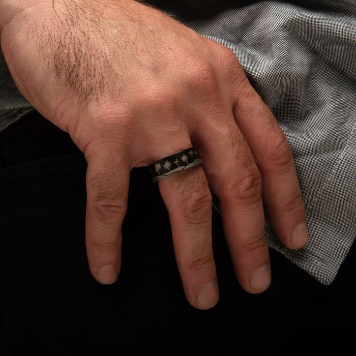 INOX JEWELRY Rings Black and Silver Tone Titanium Tropical Palm Treeline Design with Inner Rosewood Comfort Fit Ring