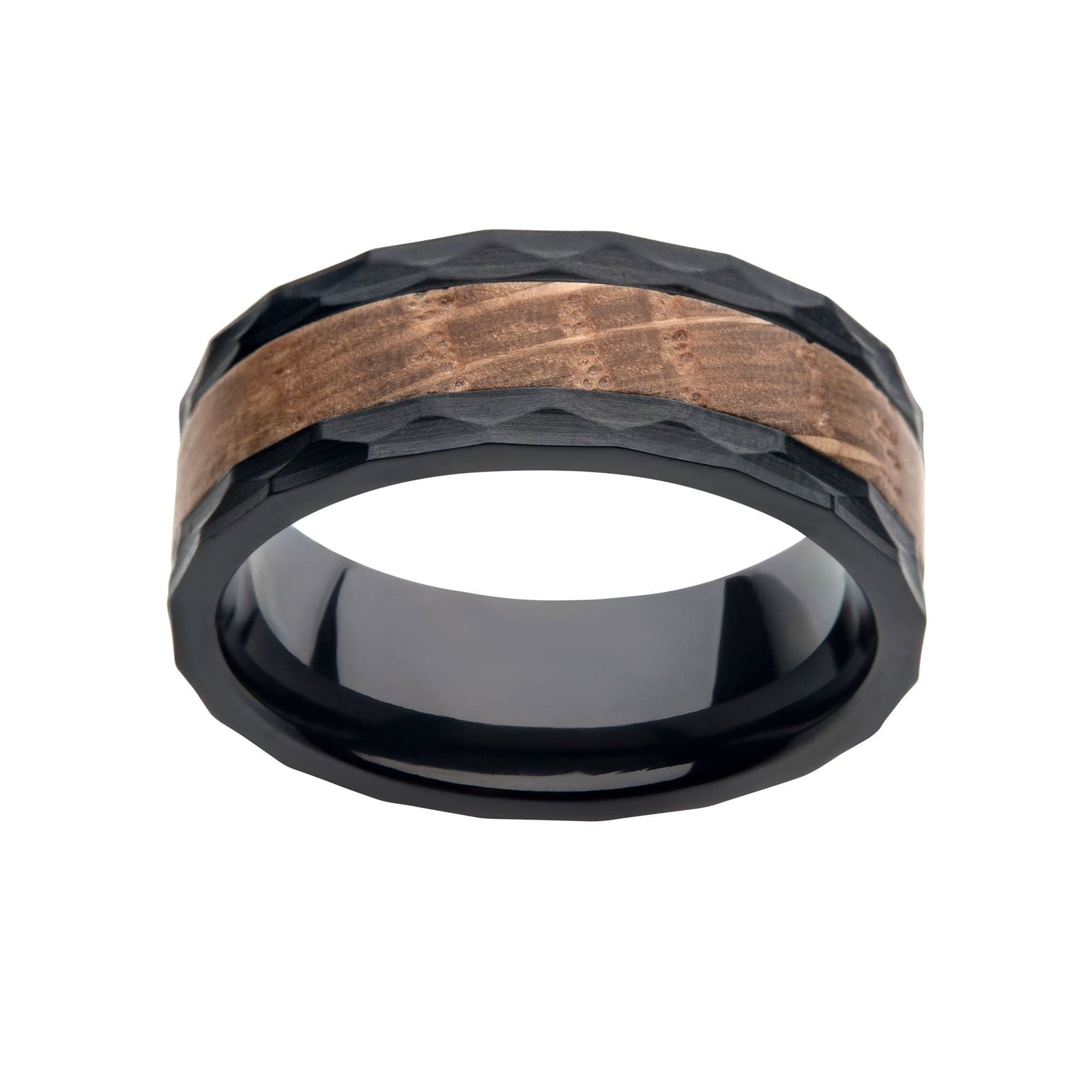 INOX JEWELRY Rings Black Stainless Steel Band with Whiskey Barrel Wooden Inlay