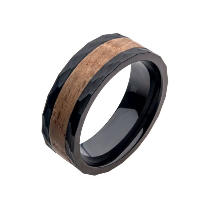 INOX JEWELRY Rings Black Stainless Steel Band with Whiskey Barrel Wooden Inlay