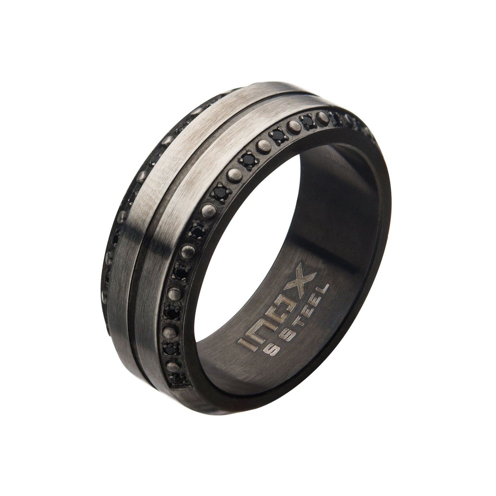 INOX JEWELRY Rings Black Stainless Steel Gunmetal Matte Finish CZ Center Ridge Band Ring