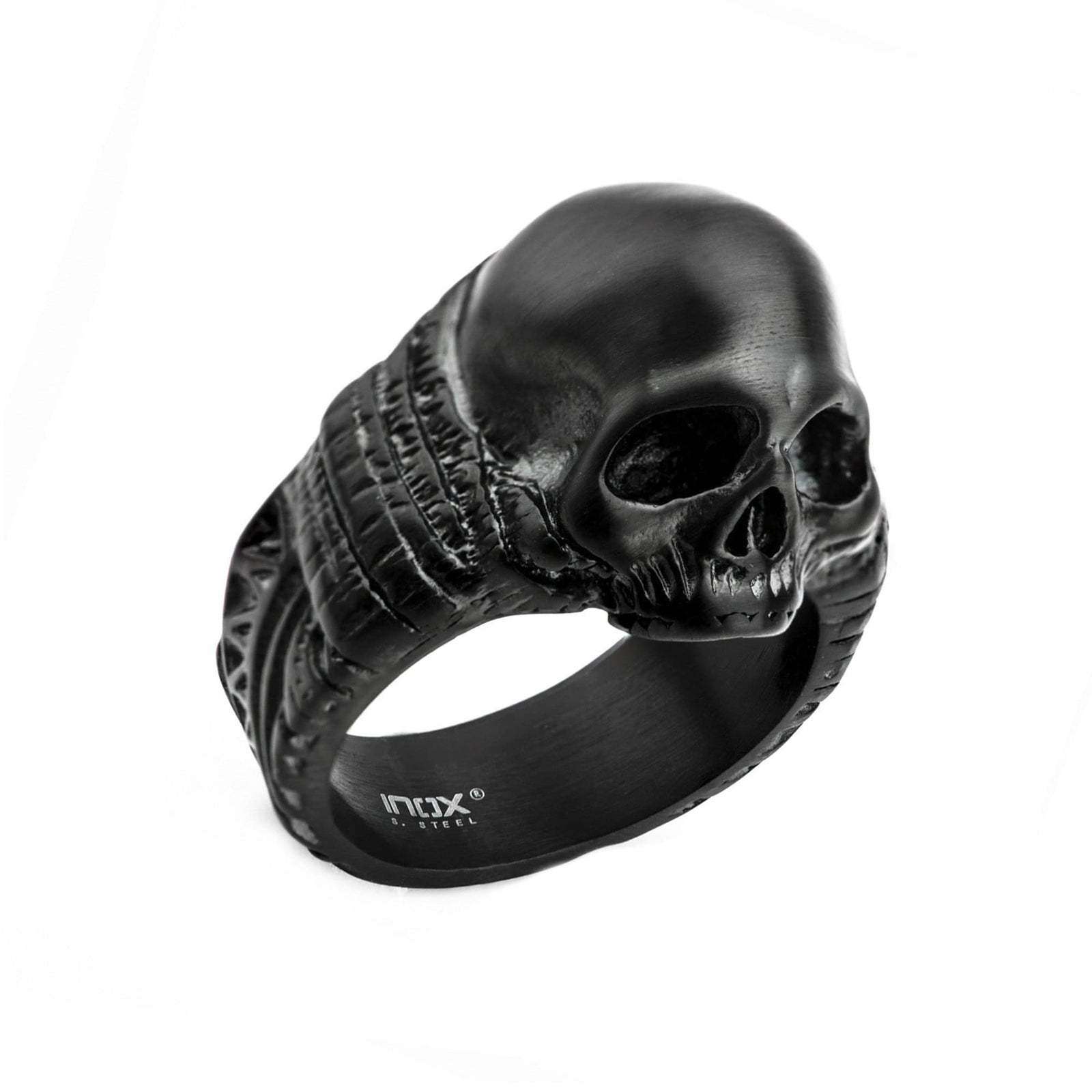 INOX JEWELRY Rings Black Stainless Steel Matte Finish Skull with Ancient Markings Ring