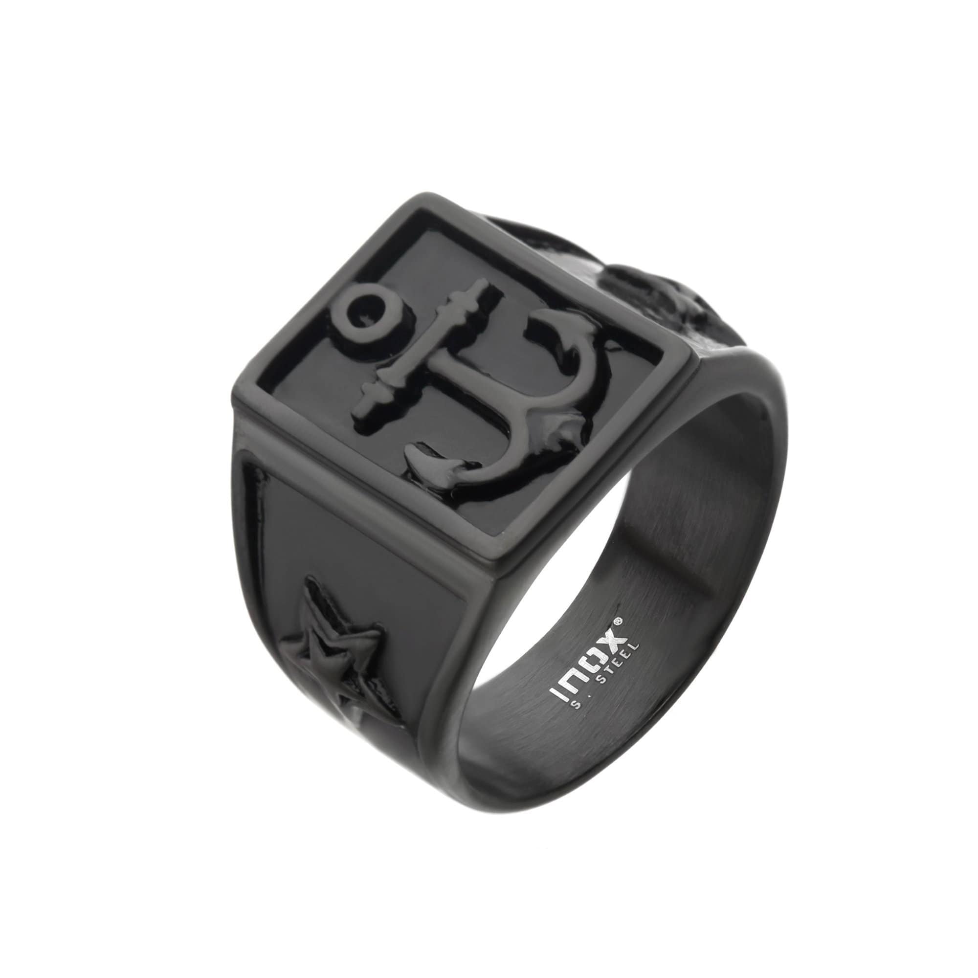 INOX JEWELRY Rings Black Stainless Steel Nautical Anchor Signet Ring