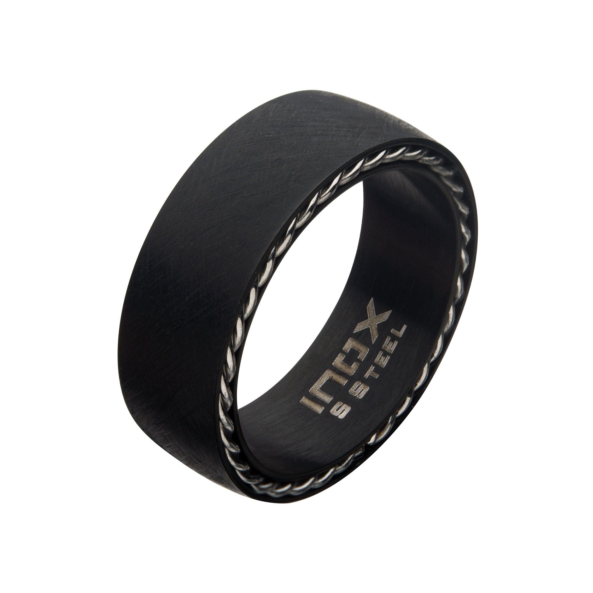 INOX JEWELRY Rings Black Stainless Steel Sand Finish Carbon Fiber and Cable Twisted Band
